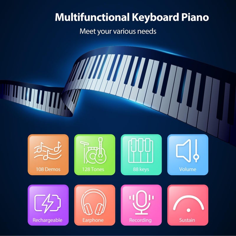 MARVTOWN 88Keys Roll Up Piano, Portable Fordable Rechargeable Hand Roll Keyboard Piano, 108 Rhythms, 128 Tones,Waterproof electric Keyboard Piano with MIDI Function, Best Gift for Kids and Beginners - Image 4